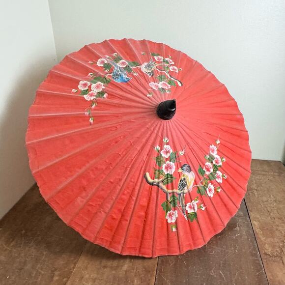 Vintage hand painted Cherry Blossom Finch Bird Red Parasol Bamboo Umbrella - Picture 7 of 11
